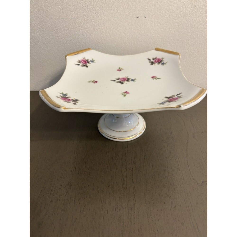 Vintage Royal Sealy China Japan Pedestal Compote Dish Pink Roses Gold Trim